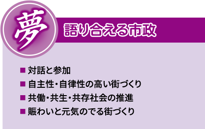 夢 語り合える市政 [対話と参加][自主性・自律性の高い街づくり][共働・共生・共存社会の推進][賑わいと元気のでる街づくり]