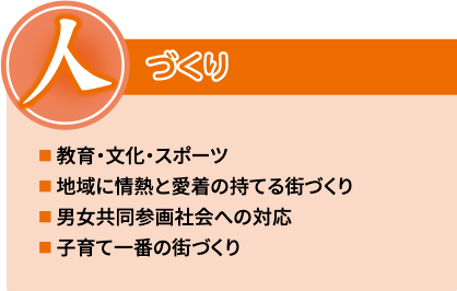 人 づくり [教育・文化・スポーツ][地域に情熱と愛着の持てる街づくり][男女共同参画社会への対応][子育て一番の街づくり]