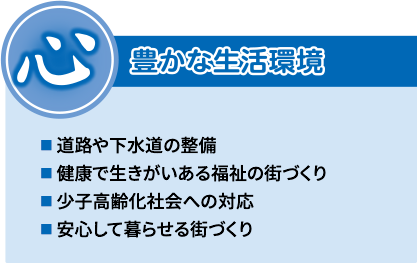 心 豊かな生活環境 [道路や下水道の整備][健康で生きがいある福祉の街づくり][少子高齢化社会への対応][安心して暮らせる街づくり] 